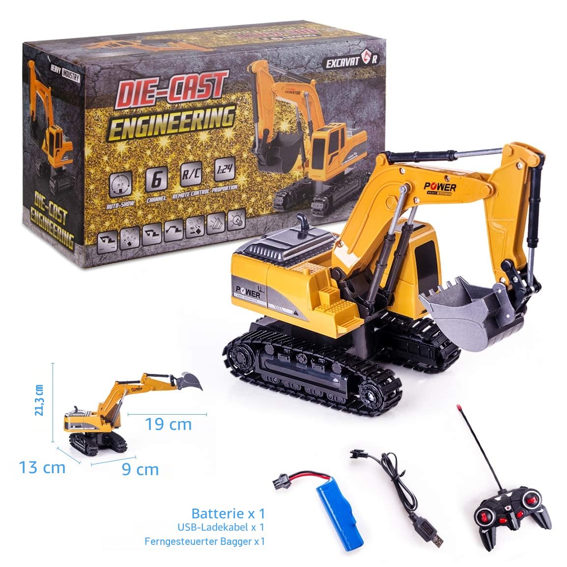 Highttoy Ferngesteuerter Bagger Kinder, 6 Kanal RC Bagger Traktor Spielzeug ab 3 4 5 6 7 8 Jahre Jungen Geschenk, 1:24 Ferngesteuertes Baustellenfahrzeug LKW Spielzeug mit LED und Ton 6