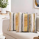 Emvency Boho Throw Pillow Covers 18x18 Inches Set of 2, Yellow and White Chenille Tufted Farmhouse Striped Chic Modern Art Square Decorative Couch Pillowcases for Home Decor Bedroom Sofa Living Room