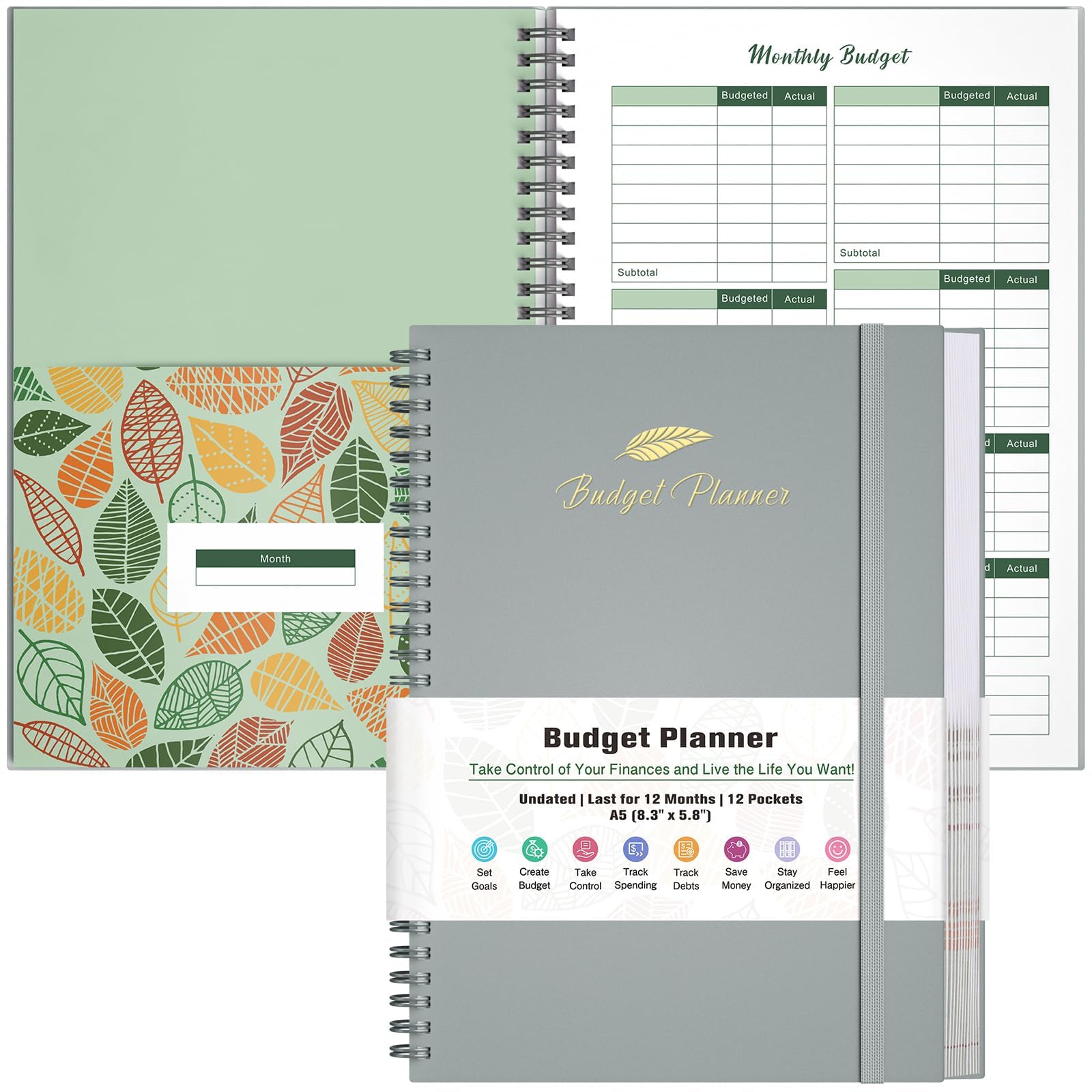 Budget Planner and Expense Tracker - Financial Planner With 12 Pockets, Undated Monthly Bill Organizer Notebook for Saving Money, Debt and Spending Tracker 8.3" x 5.8" (A5, Gray)