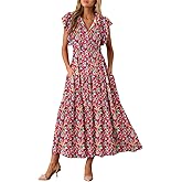 BLENCOT Womens Cotton Floral Maxi Dresses Casual Flowy Boho Dresses Summer Ruffle Short Sleeve V Neck Dress with Pockets