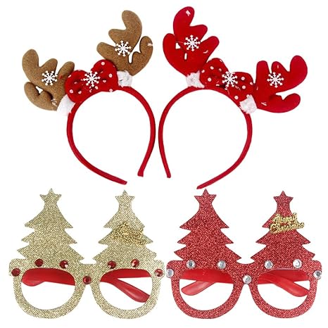 BESTOYARD Weihnachtsfeier Stirnbänder und Brillen Set Rentier Geweih Haarreifen Xmas Kostüm Zubehör - zufälliger Stil, 4 Stüc