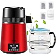 VEVOR 1.1Gal Water Distiller, 0.3Gal/H, Distilled Water Maker Machine 750W 0-99H Timing Dual Temp Display, 304 Stainless Steel Countertop Distiller Glass Carafe Cleaning Powder 3 Carbon Packs, Red