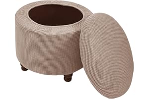 Andreannie Stretch Khaki Jacquard Fabric Ottoman Slipcover Floding Storage Foot Stool Covers Soft Round Slipcover Removable Washable Furniture Protector for Home Decor (Khaki)