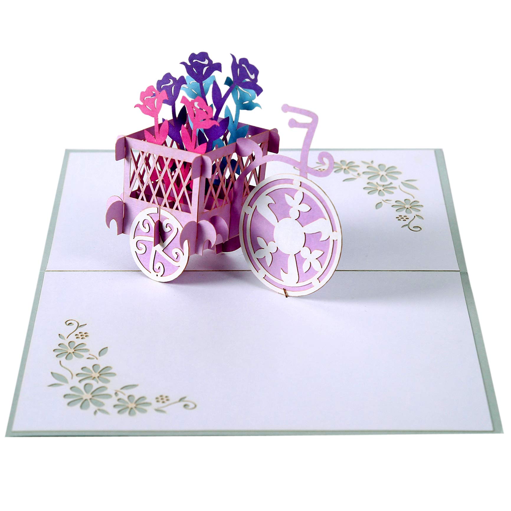 Flower Tricycle Basket Pop Up 3D card. Flower Spring Collection. A Delightful surprise greeting card gift for Daughter, Mum, Friend, Granddaughter, Wife, Sister, Grandma.12cmx18cm