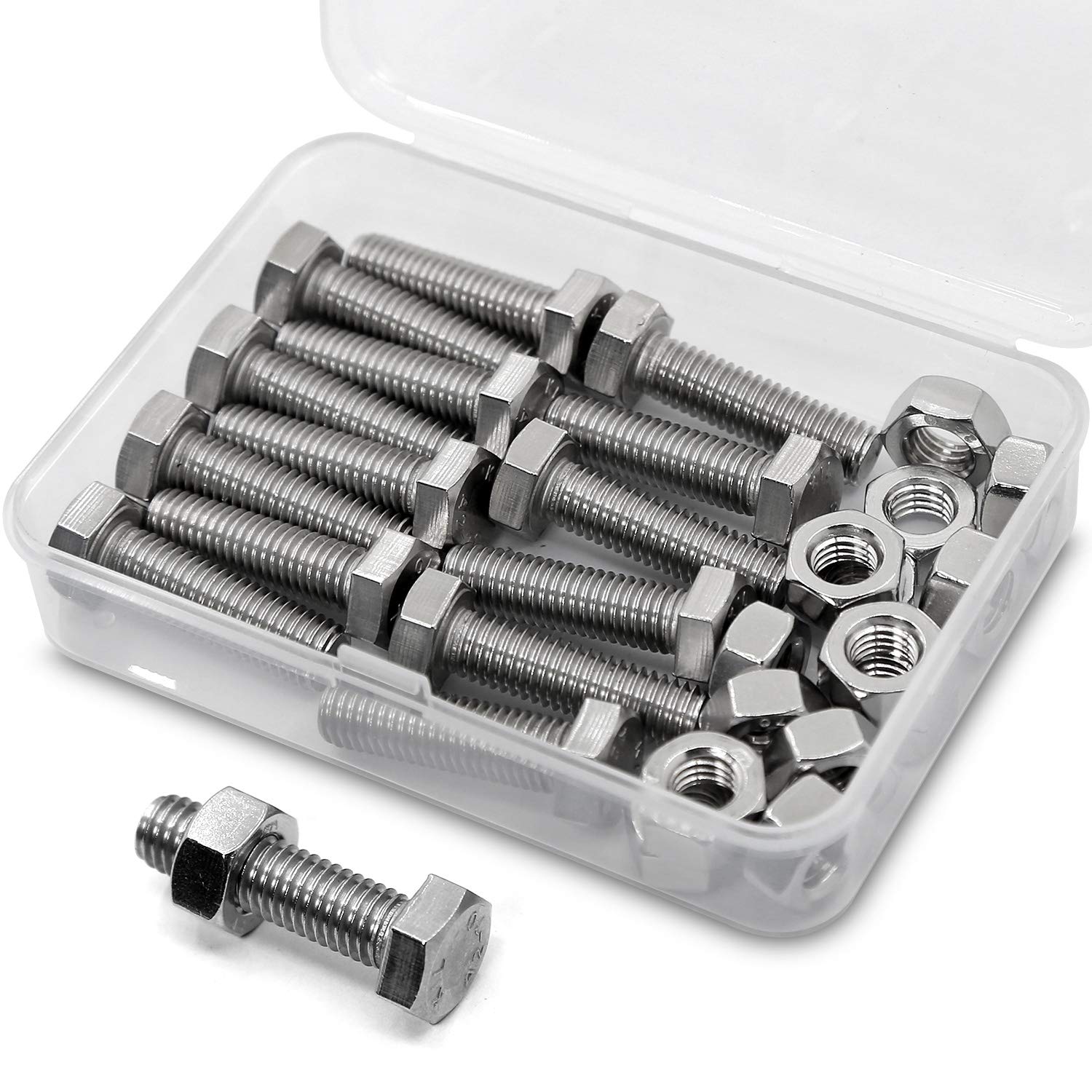 M8 x 20mm 15PCS Hex Head Screws Bolts and Nuts Set, 304 Stainless Steel 18-8, Full Thread, Bright Finish, Machine Thread