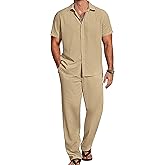 COOFANDY Mens 2 Piece Casual Beach Outfits Short Sleeve Button Down Shirts Summer Loose Pant Sets Vacation Walking Outfits