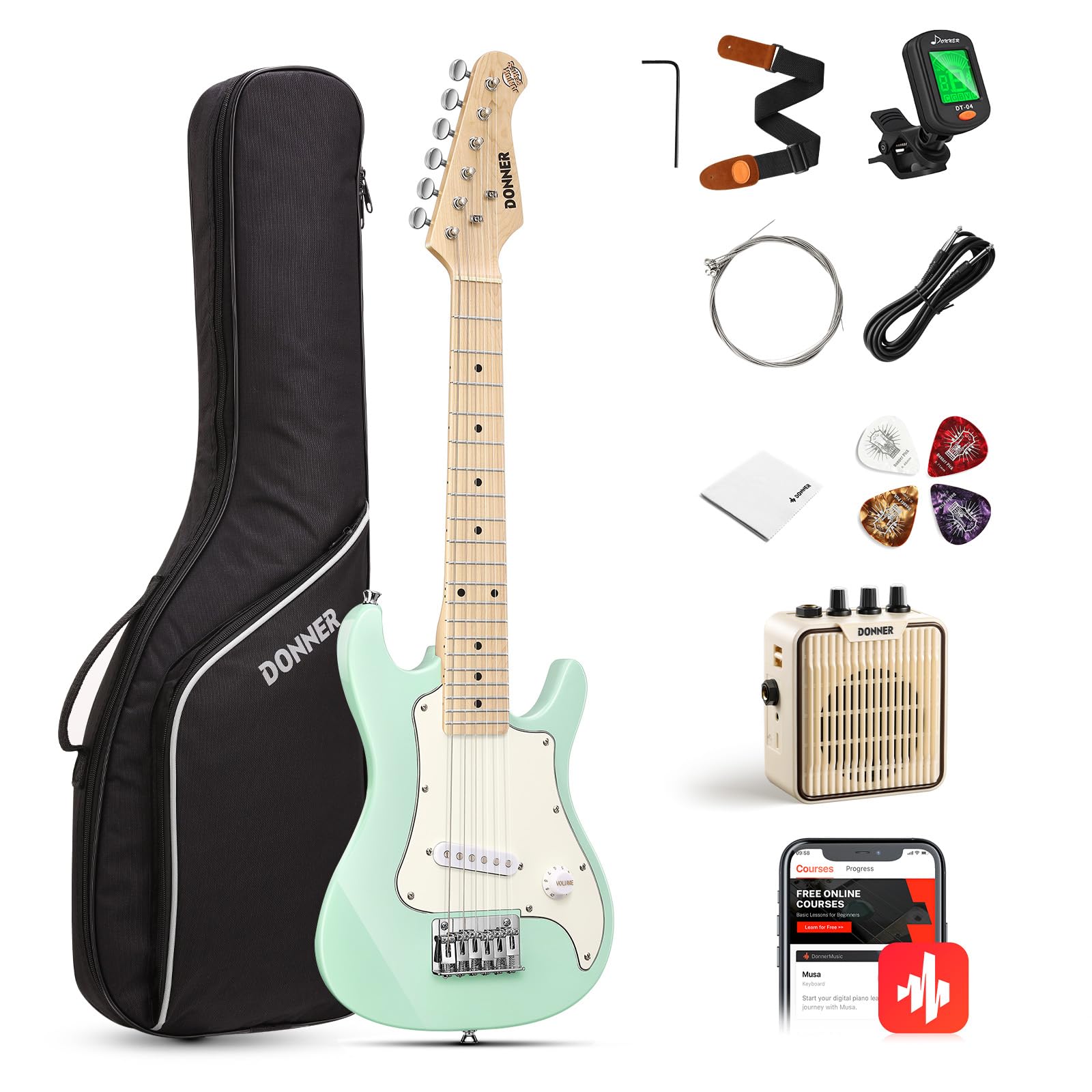 Donner 30 Inch Junior Electric Guitar Beginner Kit ST Style Mini Electric Guitar Starter Package for Teens with Amp, 600D Bag, Tuner, Picks, Cable, Strap, Extra Strings DSJ-100