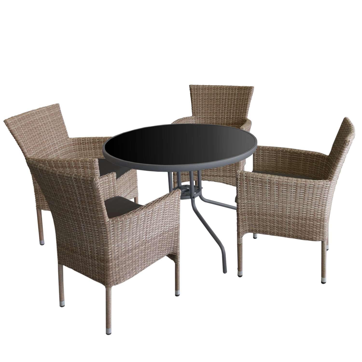 5tlg. Gartengarnitur Gartentisch, Glastisch mit schwarzer