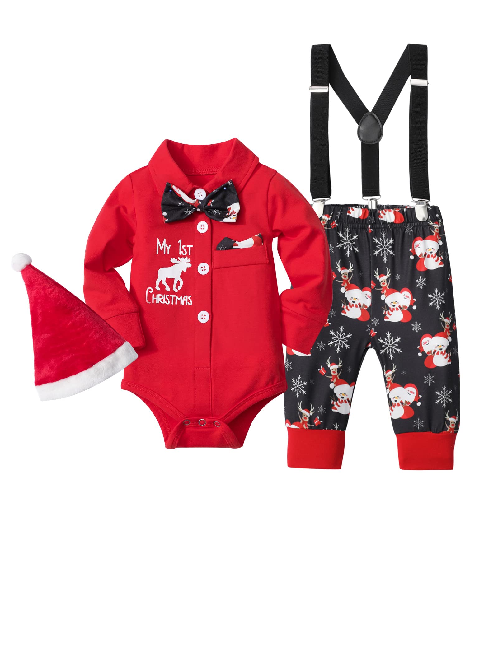 Photo 1 of AGAPENG Baby Boy Christmas Outfit My First Christmas Baby Boy Outfit Infant Gentleman Romper with Bow Tie Suspender Pants Hat 3Pcs Clothes Set 12-18 Months Baby Christmas Outfit Boy
