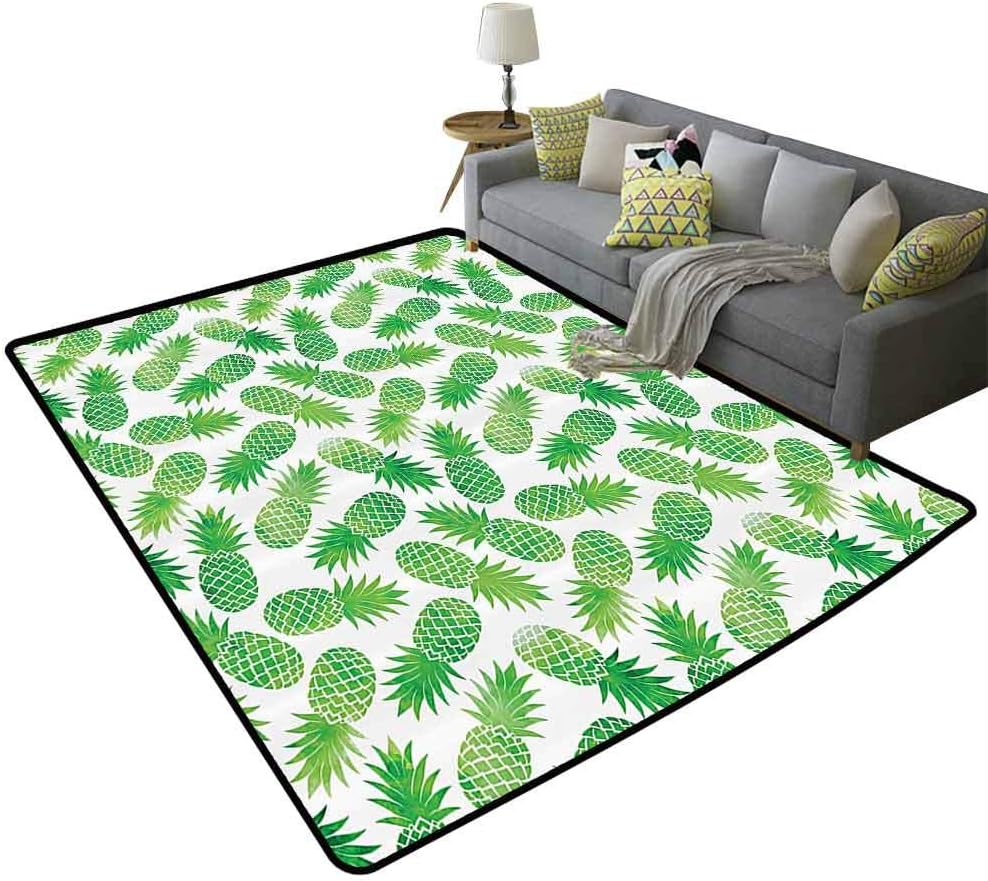 Pineapple Decor Outdoor Area Rugs Ombre Watercolor Scattered Pineapples in Different Directions On Plain Pattern Print Relieve Foot Pressure Green White, 5'x 6'(150x180cm)
