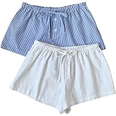 QJQ Women‘s 2 Piece Cute Boxers Mini Short Drawstring High Waisted Loose Pajama Summer Beach