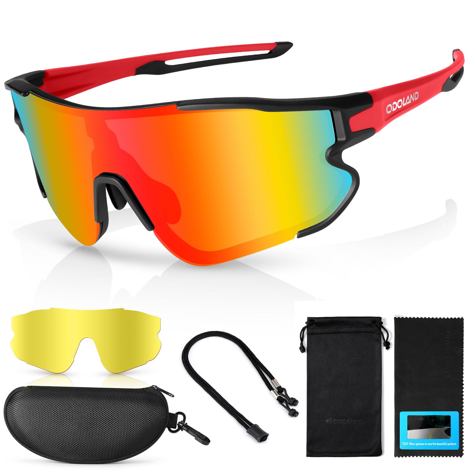 Odoland Polarized Cycling Glasses, Sports Sunglasses UV 400 with Replaceable Night Vision Lenses for Bike, Fishing, Running, Men, Women and Youth, Red