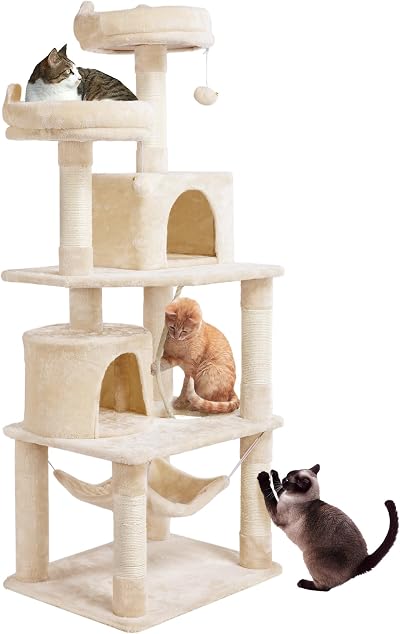 Yaheetech 158cm Multi-Level Cat Tree Beige with Condos Perches Hammock
