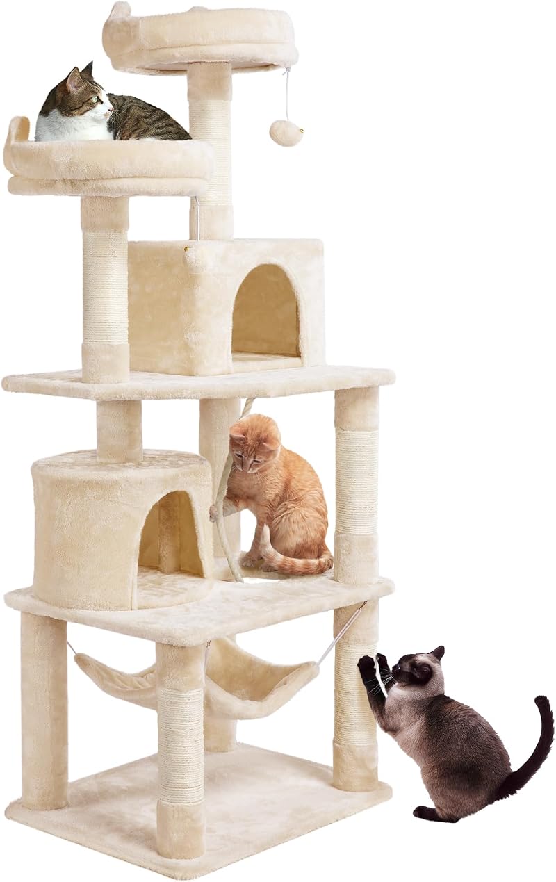 Yaheetech 158cm Multi-Level Cat Tree Beige with Condos Perches Hammock