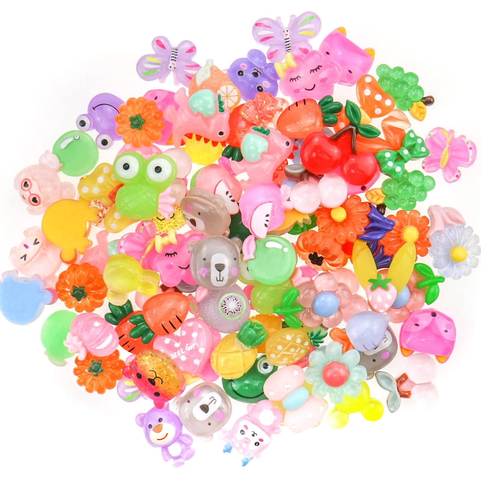 100 PCS 3D Cute Fruit Animal Flatback Resin Charm No Hole Beads for DIY Scrapbooking Embellishment Phonecase Hair Clip Craft Jewelry Craft Making Supplies, Mix-Color