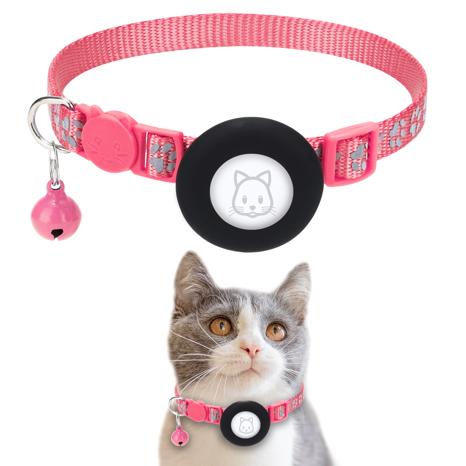 Airtag Cat Collar, Air Tag Cat Collar with Safety Buckle and Bell, Reflective Cat Collar in 3/8" Width Compatible with Apple Airtag Holder for Small Pets Cats Puppies Kitten (RedPink)