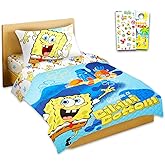 Spongebob Twin Bedding Set Bikini Bottom - Bundle of Spongebob Bedspread, Flat Sheet, Fitted Sheet, Pillowcase, Stickers, More | Room Decor