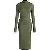 CIDER Long Sleeve Dress for Women High Neck Ribbed Knit Bodycon Ruched Midi Dress Cocktail Party Sweater Solid Dress