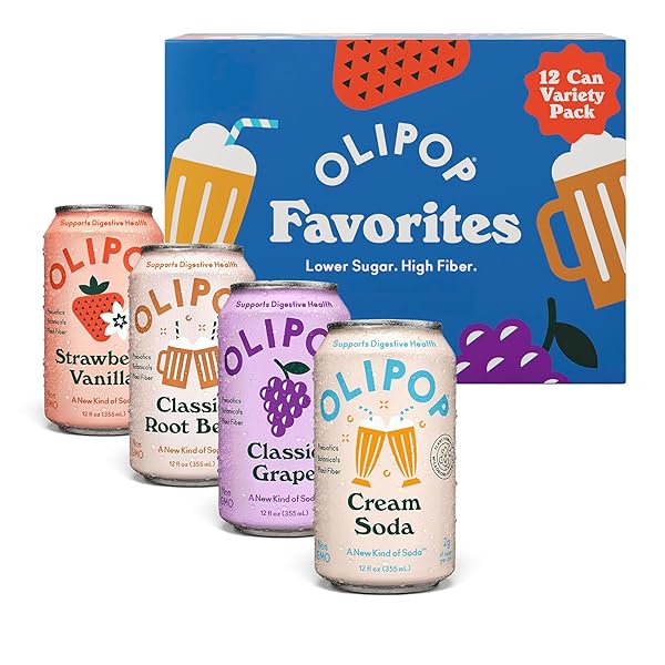 OLIPOP PREBIOTIC SODA POP, FAVORITES VARIETY, PANTRY PACK PACKED WITH PREBIOTICS, FIBER, AND BOTANICALS, GLUTEN FREE, VEGAN, GMO FREE, 12OZ (12-CANS)