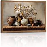 Framed Vintage Farmhouse Rustic Floral Pottery Kitchen Wall Art 12x16In | Wood frame, Canvas print, Retro fall wall art, Horizontal neutral artwork, Dining room living room wall decor