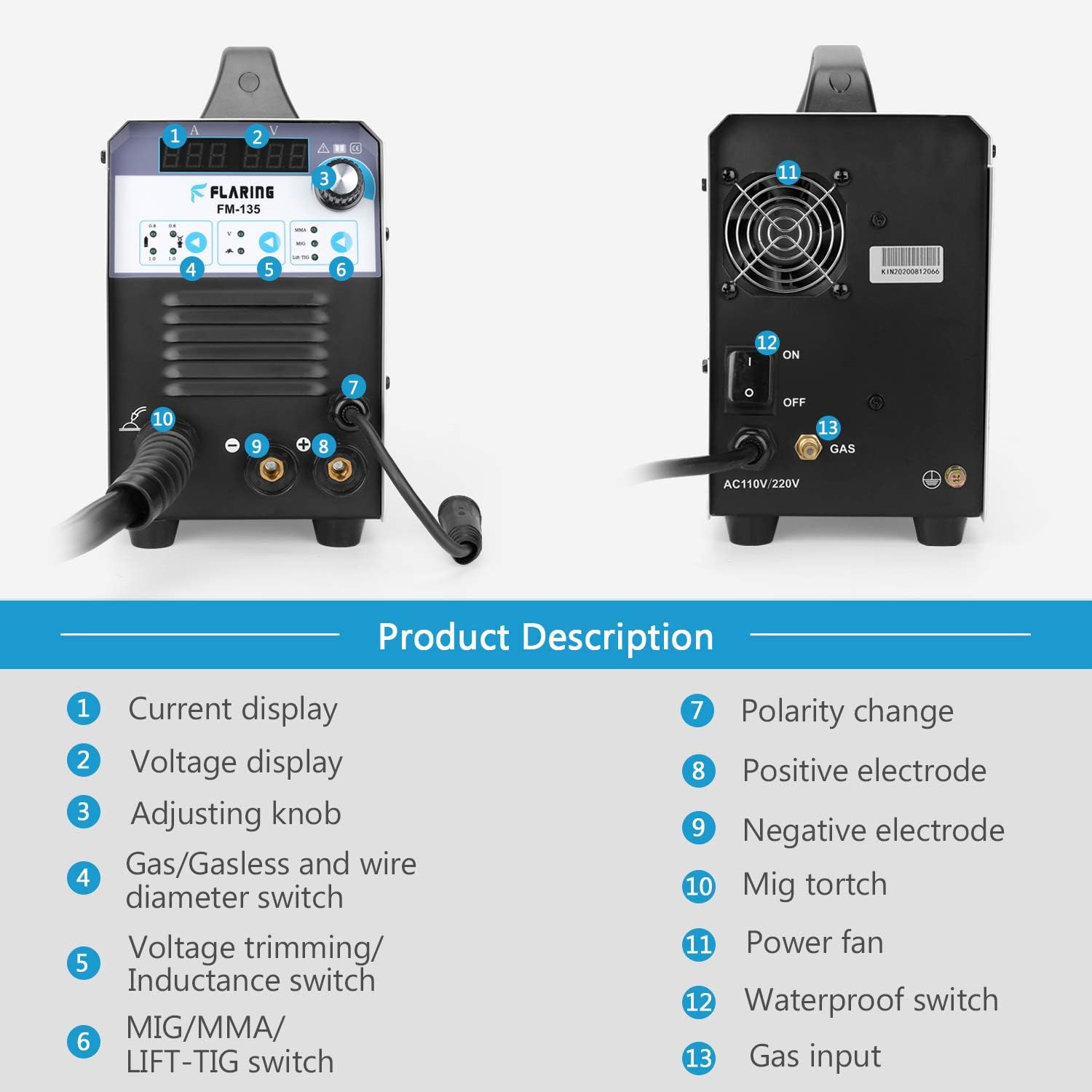 Mig Welder Machine IGBT Flux Core Stick ARC/MMA/LIFT TIG/MIG Welding Machine Inverter AC to DC 110/220V Gas/Gasless Digital Display for Beginner - - 