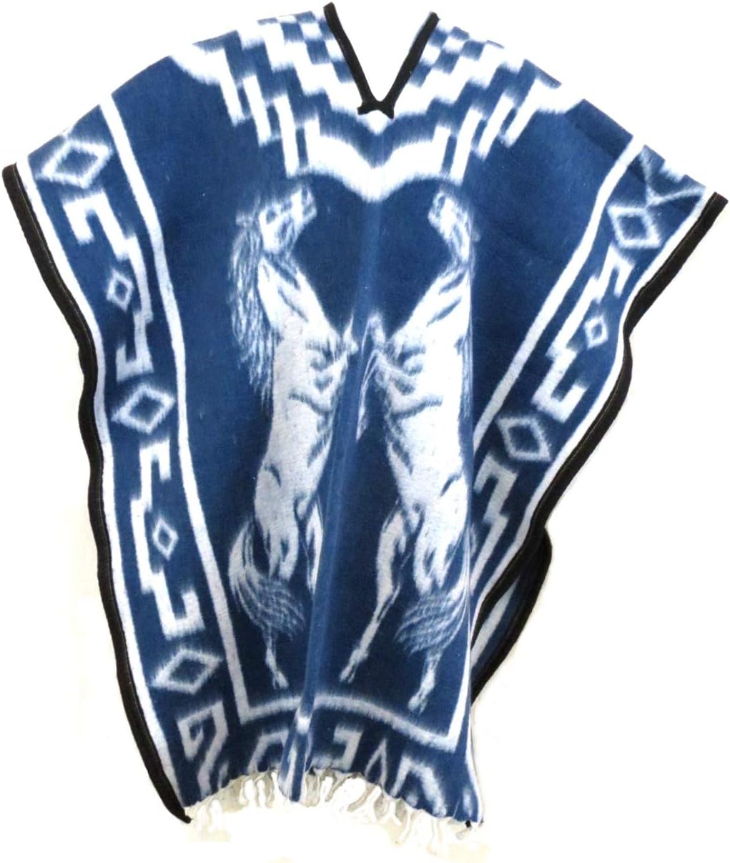 Artesanias FRAuthentic Mexican Poncho Reversible Cobija Blanket (Denim Blue Horses)