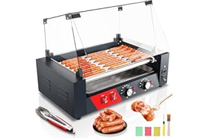 Baotree Commercial Hot Dog Rollers, 7 Rollers 18-24 Hot Dogs Capacity, 1000W Stainless Steel Hot Dog Griller with Dual Controls, Glass Cover, Removable Tray for Commercial and Party