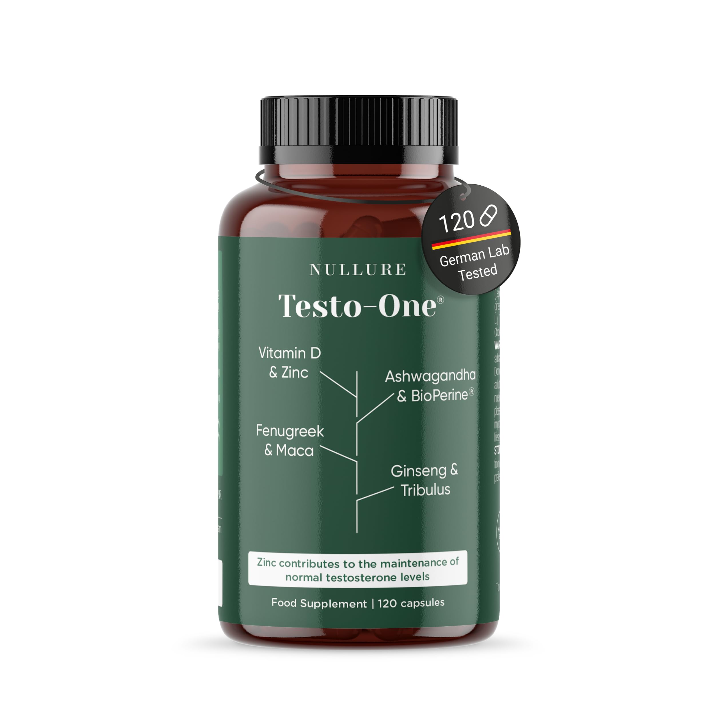 Nullure Natural Testo | Testosterone Supplements for Men | Tribulus Maca Ashwagandha Zinc Fenugreek | Third-Party Tested in Germany | Vegan, No additives, No Magnesium Sterate | 120 Caps (2 Months)