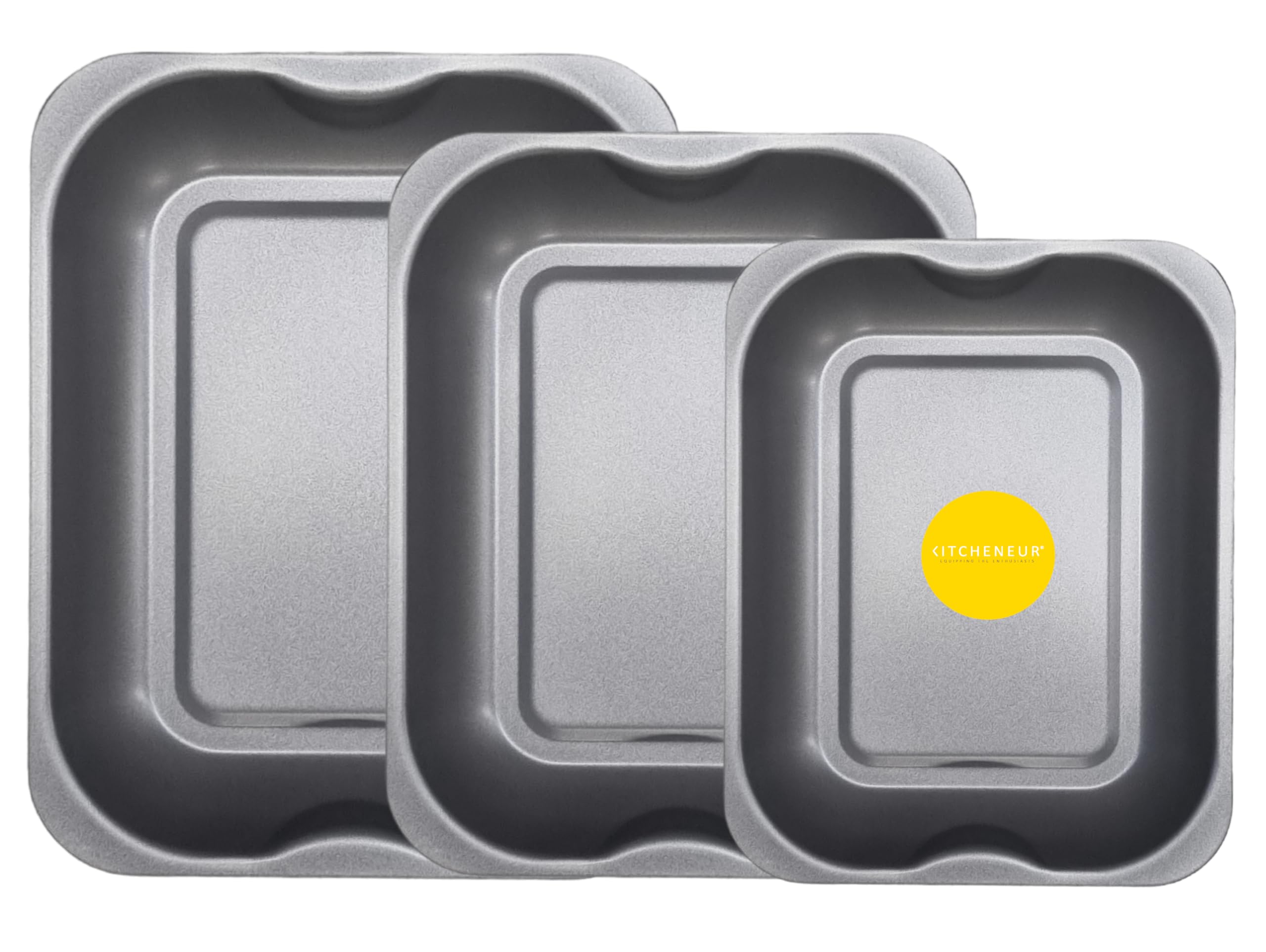 3-Pack Roasting & Baking Tray Set Small (28cm), Medium (33cm), Large (38cm) Non-Stick Roasting Tins for Ovens - Durable, Dishwasher Safe, Multi-Purpose Oven Trays & Bakeware by KITCHENEUR®