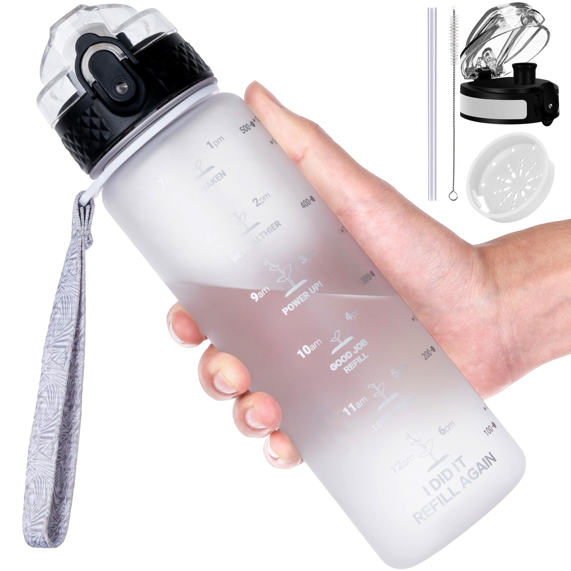 GOPPUS 500ml/17oz Kids Water Bottles with Straw Tritan Childrens Bottle with Flip Top Lid BPA Free Measured Drinks Bottle with Strap Sports Reusable Time Markings Leakproof (White)