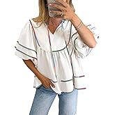 Cicy Bell Womens Summer Babydoll Tops V Neck Short Lantern Sleeve Shirts Cute Loose Fit Peplum Flowy Blouses