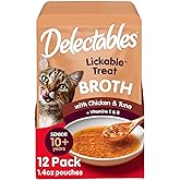 Delectables Lickable Treat Savory Broth Senior 10+ Wet Cat Treats with Real Chicken &amp; Tuna, Food Topper, Hydrating, Grain-Free, No Fillers, No By-Product, No Added Preservatives, 1.4oz Pouch, 12ct