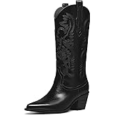 driceic Glitter Wide Calf Metallic Embroidered Cowboy Boots For Women Sparkly Mid Calf Chunky Heel Pull on Pointy Toe Western Cowgirl Boots Fashion Vintage Short Booteis For Girl