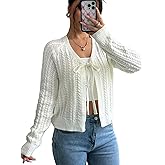 Narecte Cardigan Sweaters for Women V Neck Cropped Bow Tie Front Cardigan Long Sleeve Tops Knit Fall Winter Outfit