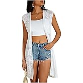 Milumia Women's Sleeveless Long Crochet Vest Open Front Cardigan Lightweight Knit Cover Up Sweater