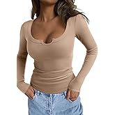REORIA Womens Long Sleeve Scoop V Neck Shirts Ribbed Knit Slim Fitted Tops Trendy 2025 Fall Basic Tees Going Out Blouse