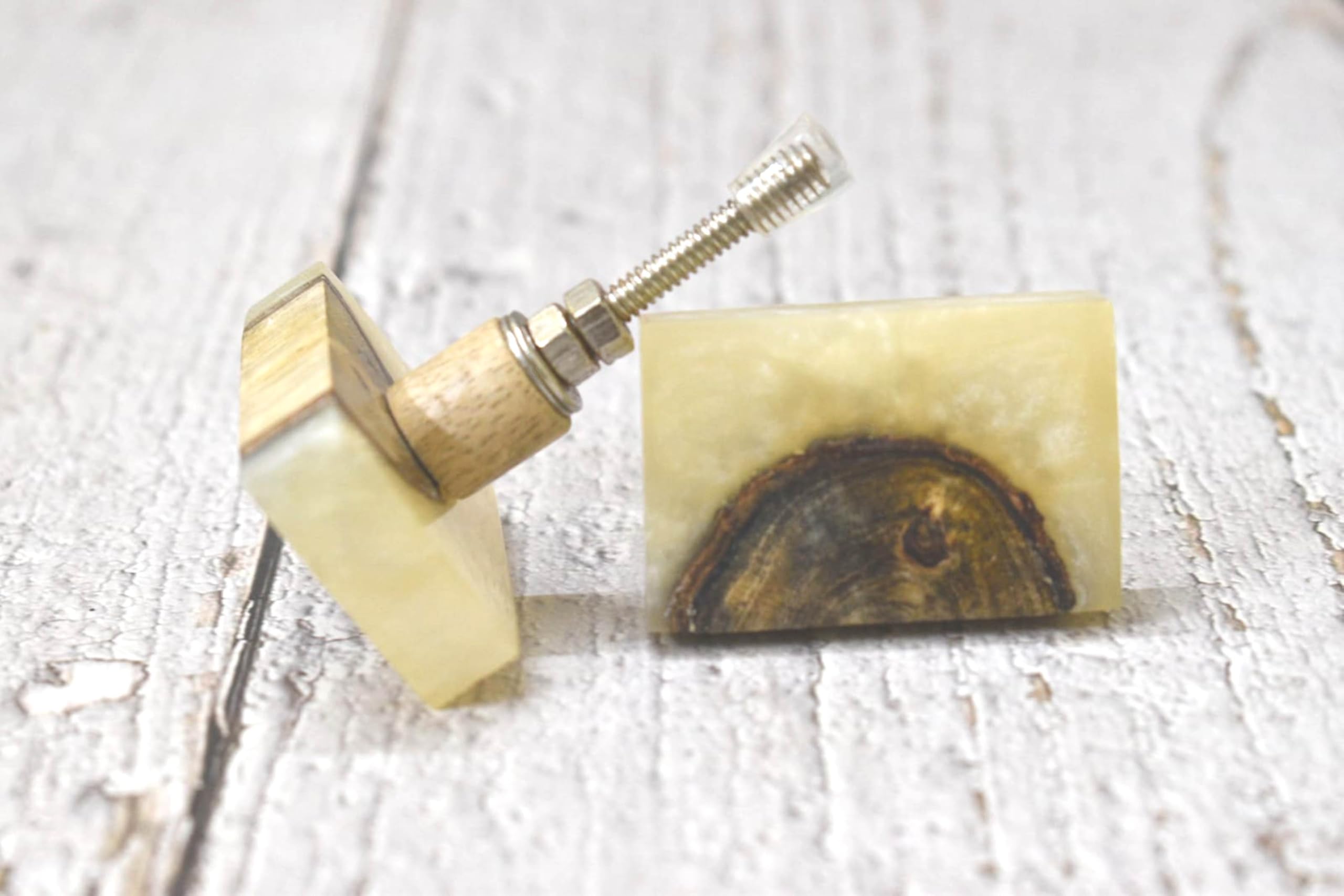 ARTISNO Handmade Rectangular Shape Wood Resin Kitchen Cabinet Drawer Knob Wooden Drawer knobs Wardrobe Pulls,Cabinet Door Handle,Set of 6 (White Rectangular) — image 1