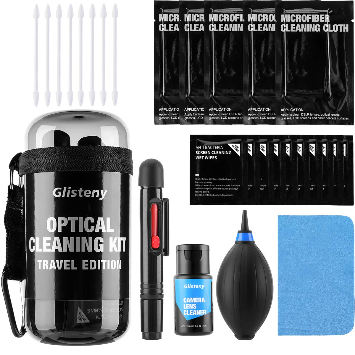 Kit de Nettoyage pour caméra,GLISTENY Kit de nettoyage professionnel 21 en 1 Édition voyage, solution de nettoyage non toxique sans alcool, souffleur d\'Air, crayon de lentille, tissu de lentille, lingette de nettoyage, cotton-tige, pour Ap