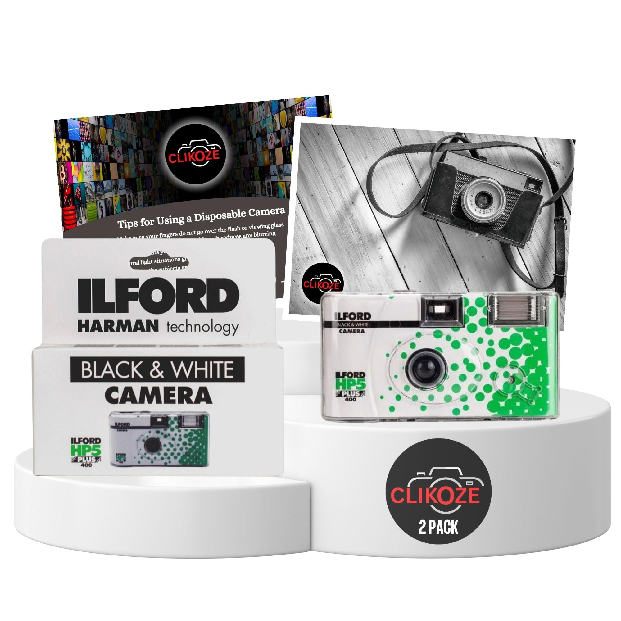 Disposable Camera Bundle with Ilford HP5 Black and White Single-Use Film Cameras with 27 Exposures X 2 and Clikoze Disposable Photography Tips Card