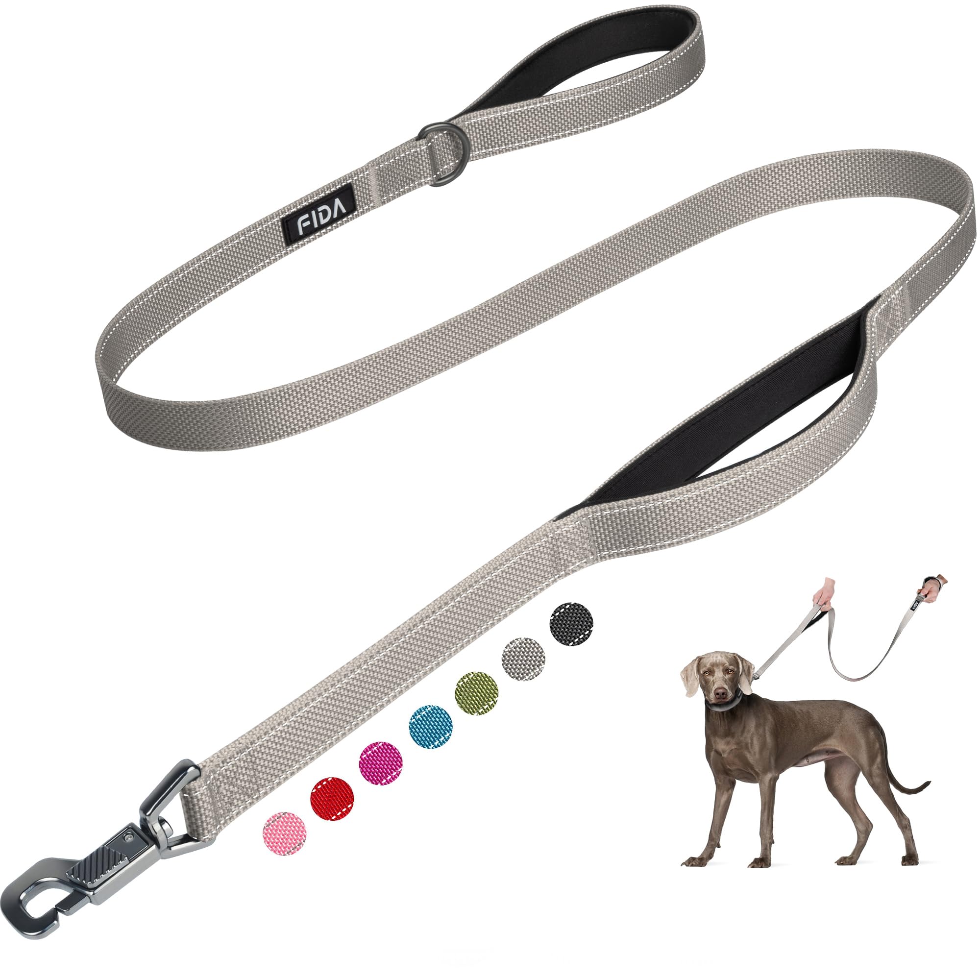 Fida 4 FT Heavy Duty Dog Leash with 2 Comfortable Padded Handles, Traffic Handle & Advanced Easy Snap Hook, Reflective Walking Lead for Large, Medium & Small Breed Dogs, Grey