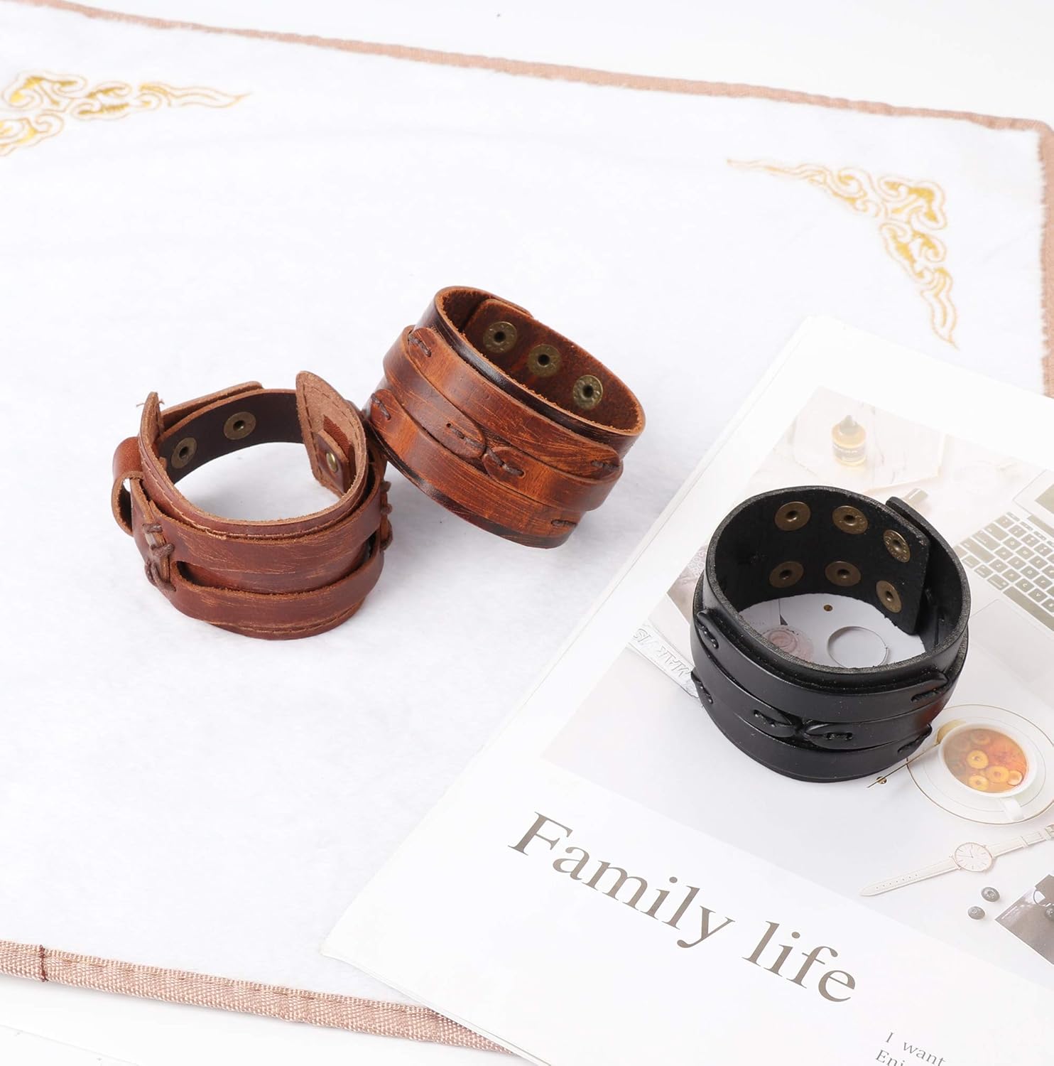 FINREZIO 3 Pcs Leather Cuff Bracelets for Men Women Punk Rock Braided Bracelet Warp Brown Black Wristbands Handmade Jewelry: Jewelry