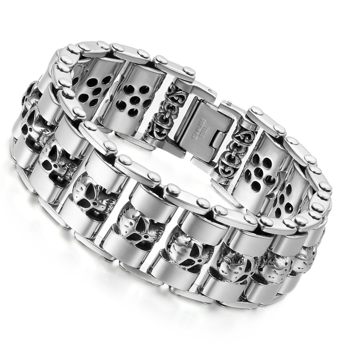 Cupimatch Mens 23MM Wide Heavy Silver Black Two Tone Polished Stainless Steel Gothic Biker Skull Bracelet Link Chain Bangle 8.9"