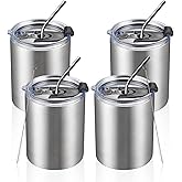 MEWAY 12 oz Lowball, Tumbler Stainless Steel Double Wall Vacuum Insulated Mug with Straw and Lid, Cleaning Brush ，Durable Powder Coated Insulated Coffee Cup for Cold & Hot Drinks (Silver,4 pack)