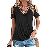 LEIYEE Womens Summer Cold Shoulder Tops Sexy Casual Short Sleeve Wrap V Neck T Shirts Cute Loose Fit Blouse