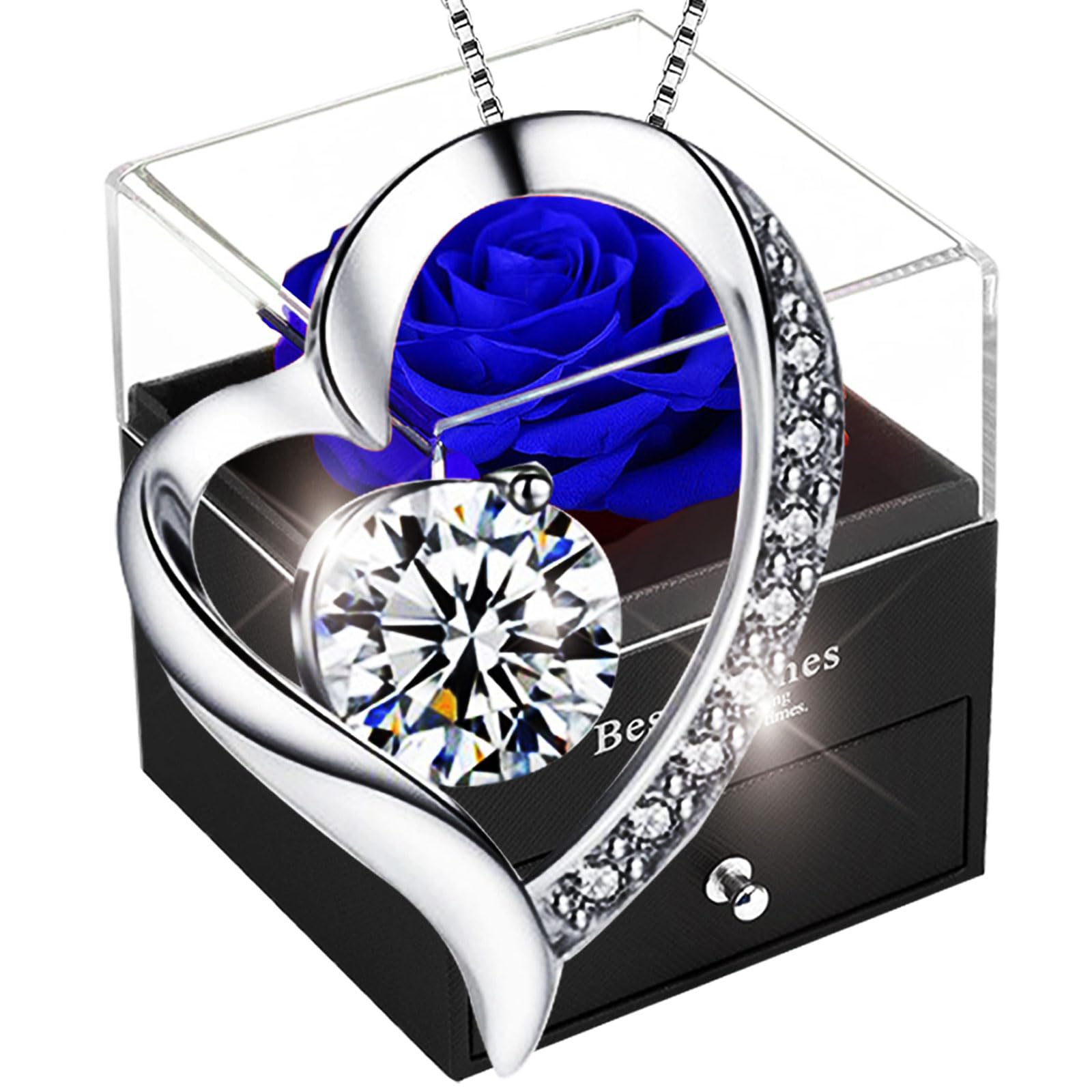 SWEETIME Forever Blue Rose Gift Box with Necklace-Real Eternal Rose with 925 Sterling Silver Women Necklace Inside,Enchanted Real Flower Gift for Mother's Day Anniversary Wedding