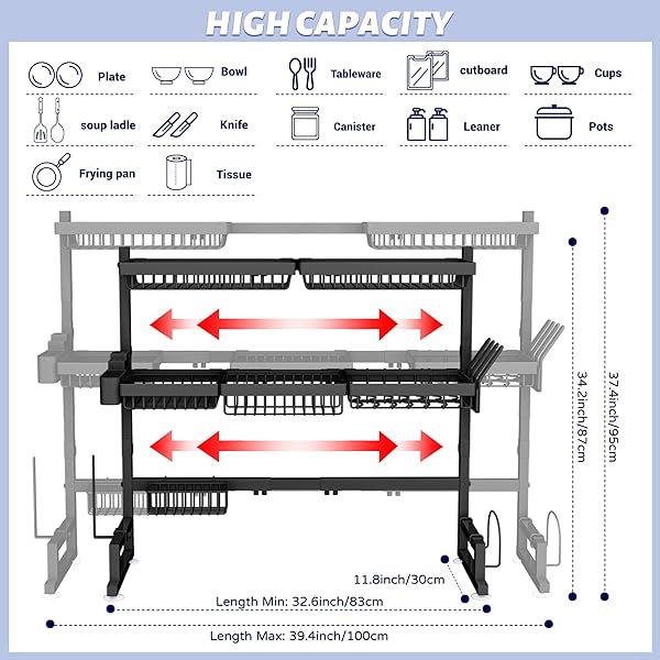 ADBIU OVER THE SINK DISH DRYING RACK (EXPANDABLE HEIGHT AND LENGTH) SNAP-ON DESIGN 2 TIER LARGE DISH RACK 31-39.4L X 12W X 34-38H INCHES