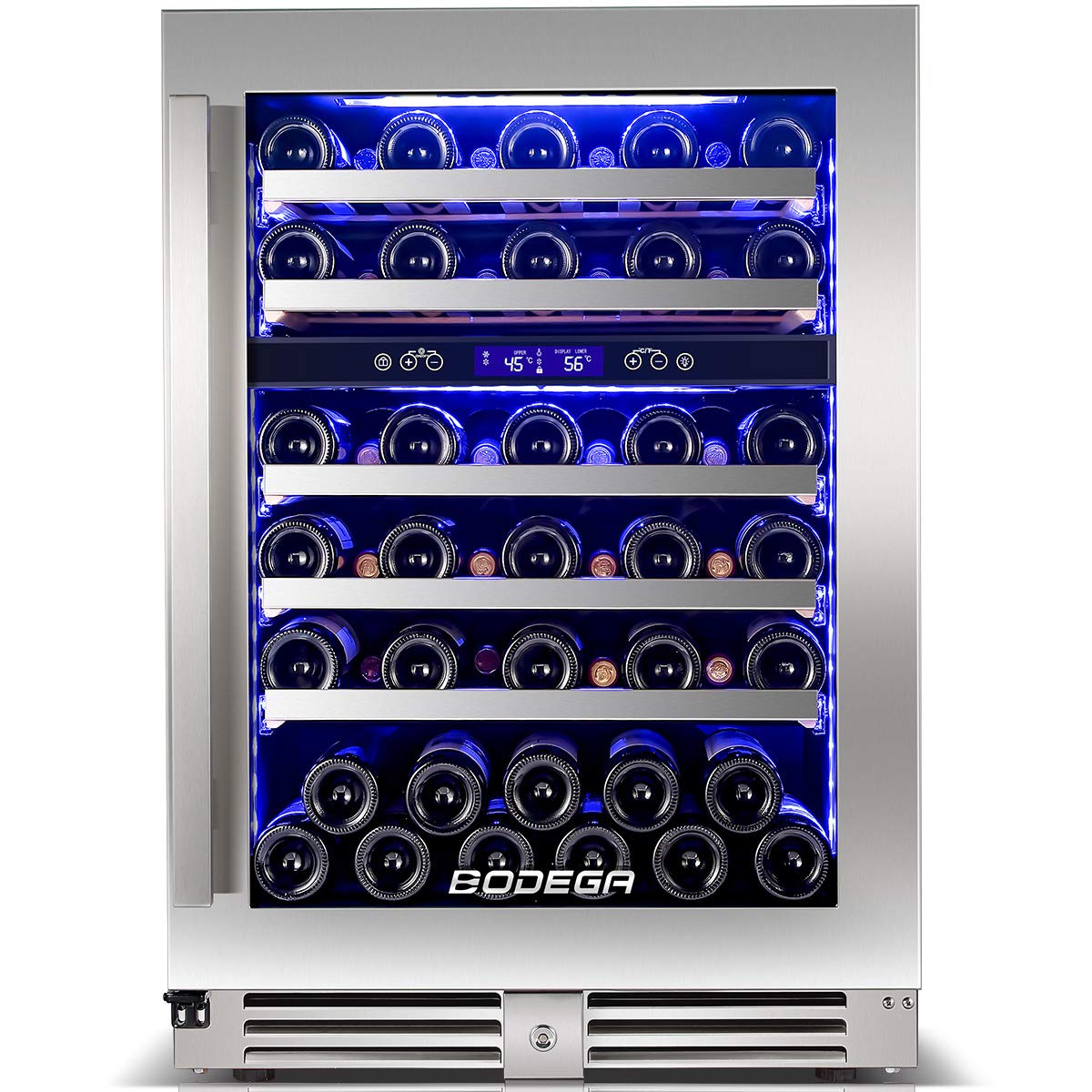 BODEGA 24 Inch Wine Cooler,56 Bottle Dual Zone Built-In Wine Refrigerator,Hold Champagne Bottle,Large LCD Display,Seamless Ultra-thin Stainless Steel Reversible Door Frame,Quick Cooling