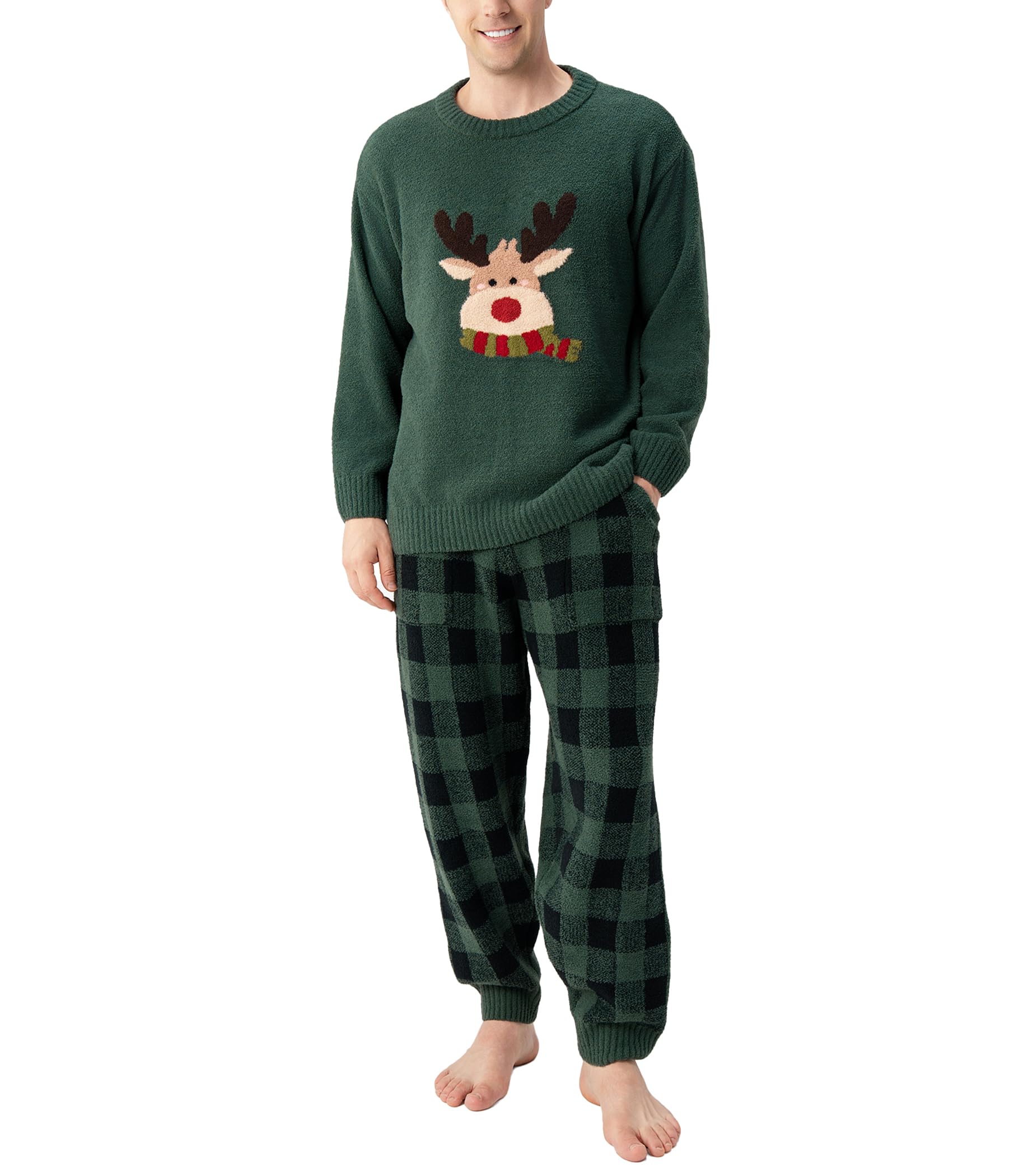 DAVID ARCHY Mens Pajamas Set Ultra-Soft Fleece Pajamas Lightweight & Breathable Sleepwear Long Sleeve Lounge Set with Pockets (L, Green - Christmas Elk) Image