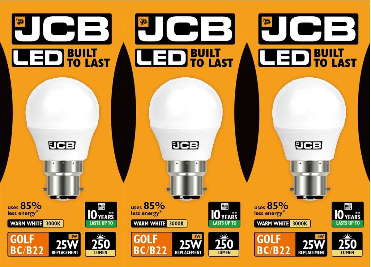 JCB 3w LED B22 Golf Ball Bulbs Bayonet, 25w Incandescent Bulb Equivalent, 250lm, Warm White 3000k, Non Dimmable, LED Bayonet Bulb, Golf Balls Light Bulbs, 220-240v, Pack of 3 Units