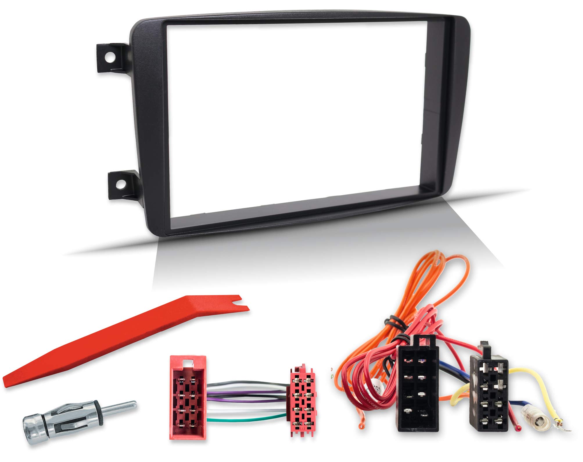 2-DIN installation kit compatible with Mercedes-Benz C-Class with radio panel, mounting frame, ISO radio adapter, antenna adapter W203 S203 CL203 pre-facelift 2000 – 2003